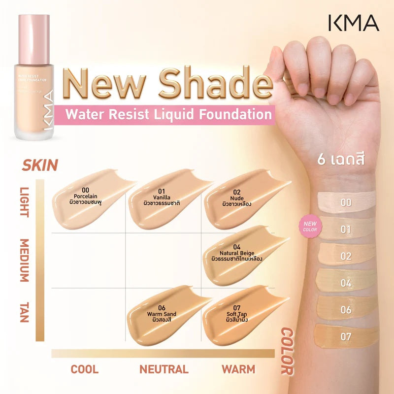 ตารางเฉดสีของ KMA Water Resist Foundation 30ml รองพื้นกันน้ำ คุมมันนาน 12 ชม. 